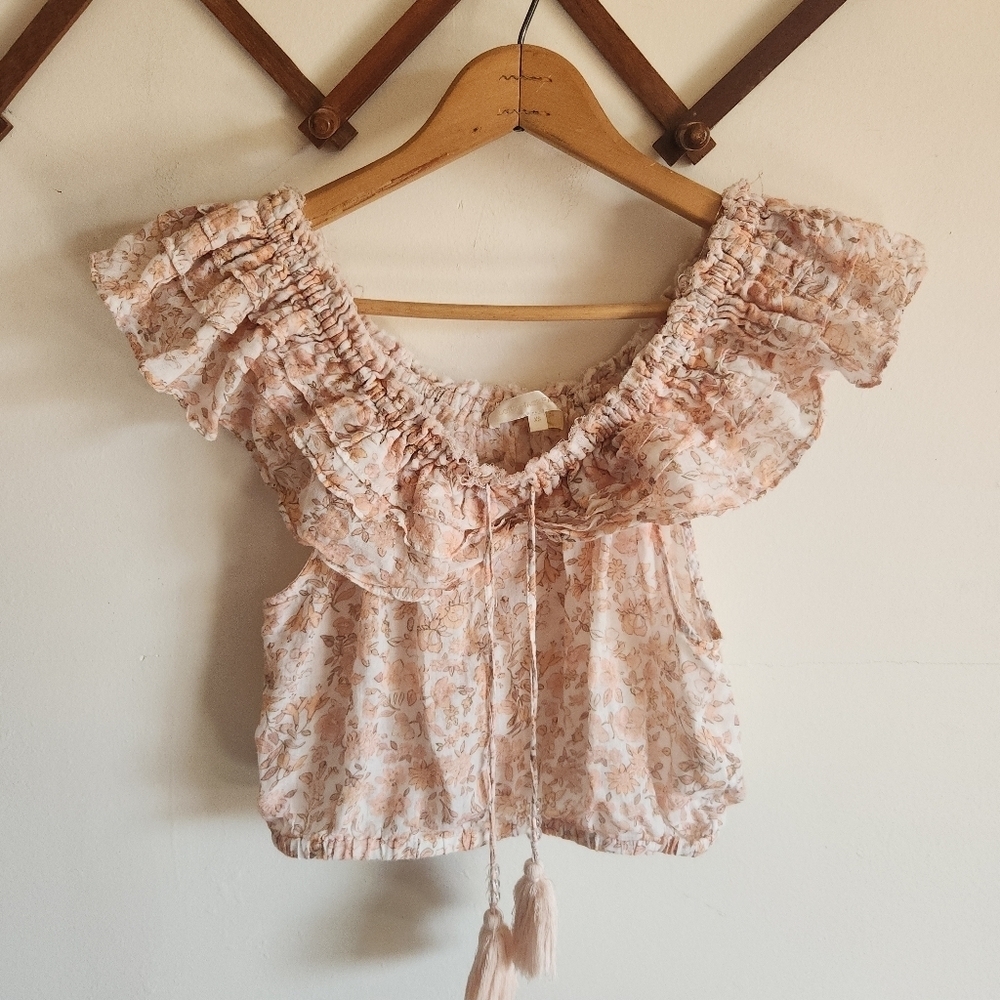 LoveShackFancy Dorin Pink Floral Off-Shoulder Ruffle Crop Top XS